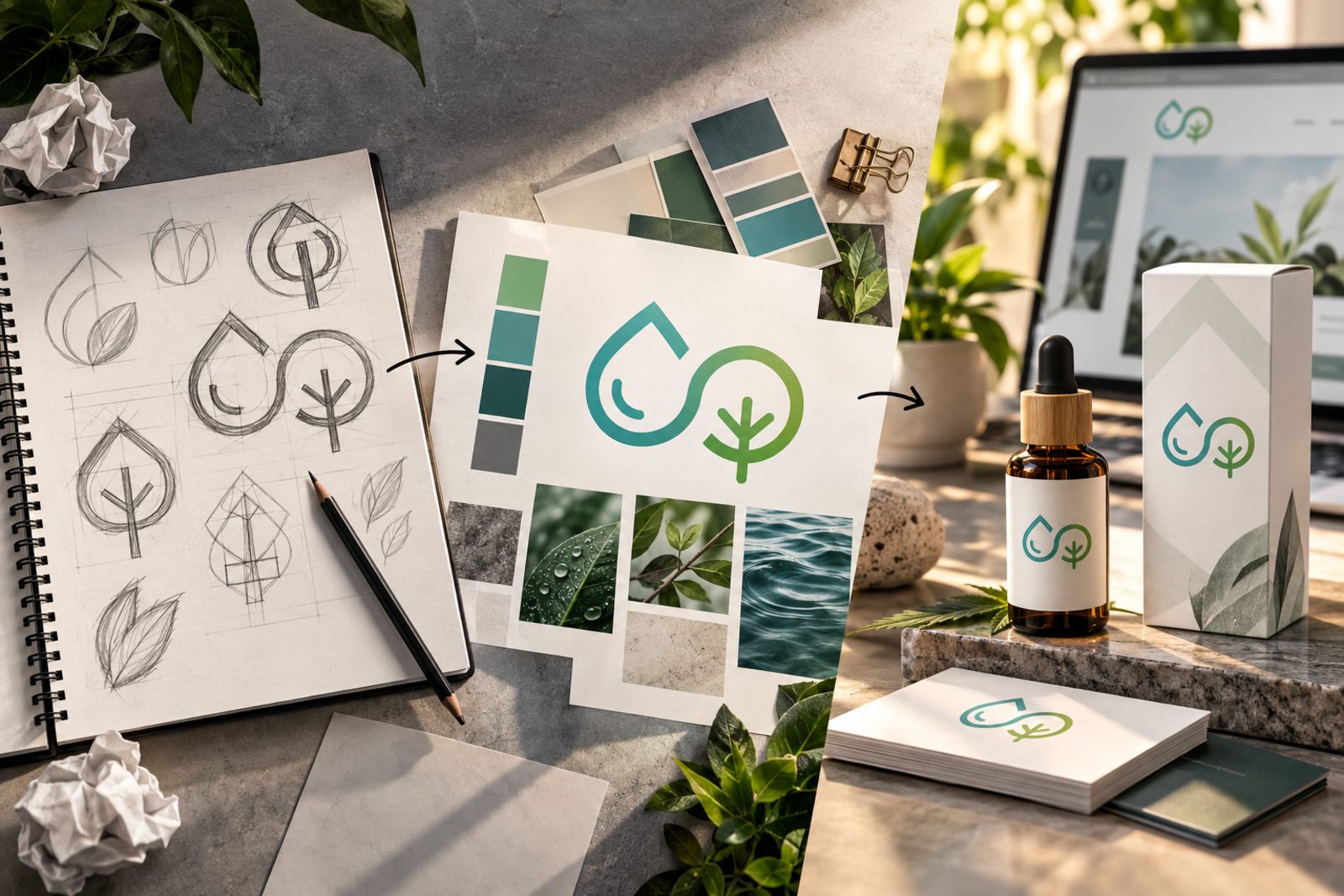 Brand strategy work: logo sketches developing into an identity system and finished packaging
